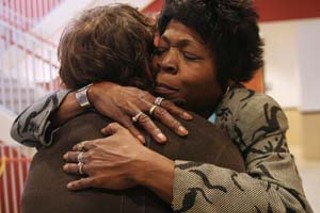 Sandra Reed, mother of Texas death row inmate Rodney Reed, hugs a supporter outside the Bastrop Co. courtroom where a judge last week heard evidence related to Reed's claim that Bastrop prosecutors hid crucial evidence from his lawyers during his 1998 capital murder trial.