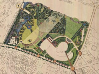 The original Town Lake Park Master Plan put forth in
1998 (above) was to be an opulent collection of sights,
sounds, and the arts. One of the contributors to that
plan calls the revised version of Town Lake Park no more
than 8,000 square feet of hardscape and
concrete.<br><a href=townlake.jpg
target=blank><b>View a larger map</b></a>