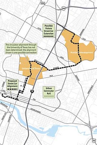 Proposed Circulator Alignment<br>
With the Leander-to-Downtown commuter rail line now 
under way, the push is on for transit options to move 
people between Downtown, UT, the Capitol complex, and 
the Mueller redevelopment.
<br><a href=http://www.austinchronicle.com/issues/
dispatch/2006-08-18/transit.jpg 
target=blank><b>View</b></a> a larger image