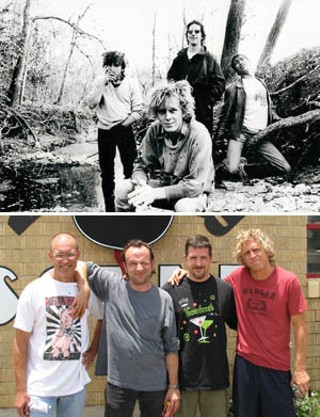 THIS IS BLISS (before and after): Early Scratch Acid (top, l-r), Yow, Washam, Sims, and Bradford. Photo courtesy of Rey Washam
<br>Scratch Acid, 2006, pre-reunion rehearsal (bottom, l-r): Bradford, Yow, Sims, and Washam. Photo courtesy of Brett Bradford