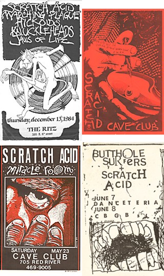 EYEBALL: Scratch Acid's poster propaganda was as fierce as its music, from the Grimm graphics of David Yow (top left), to the surrealist distemper of once-local pop subversionist Frank Kozik (top right & bottom left). In this year of CBGB's demise, the Butthole Surfers/Scratch Acid poster (bottom right) flashes back the appropriate homage.