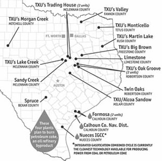 Of 19 proposed coal plants seeking permit approval, only one would use the newer, cleaner integrated gasification combined cycle technology. Energy giant TXU wants to build 11 of the 19 plants.<br><a href=http://www.austinchronicle.com/issues/dispatch/2006-12-01/TexasCOAL.jpg target=blank><b>View a larger image</b></a>