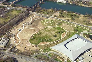 Town Lake Park: This February construction photo shows the work in progress on Town Lake Park, next to the Palmer Events Center (between Barton Springs Road and Riverside). While the master design included the parkland between Riverside and Town Lake, as well, that phase remains unfunded; completing the project could be a good use for parkland-dedication fees.
<br>Photo courtesy of TBG/Aerophoto