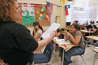 Katie Woodberry coaches students on test-taking strategies as they prepare for another shot at passing the TAKS.