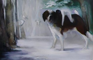 <i>St. Bernard With Ptarmigans and Sleeping Boy</i>, an oil painting by Cecelia Phillips