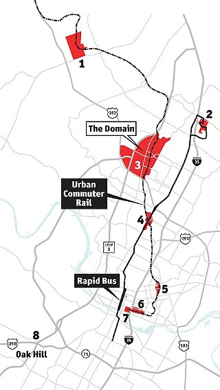 The Domain could be among the commuter-rail stops added to the city's growing list of current and proposed transit-oriented developments.