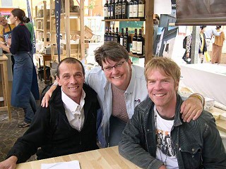 Cathy Strange at the Slow Foods Cheese Exhibiton in Bra,Italy, in September with Hervé Mons (l), affineur in Roanne, France, and Jason Hinds of Neal's Yard Dairy, London<p>
Photo courtesy of Cathy Strange