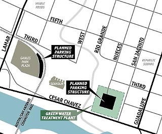 A proposed municipal parking enterprise fund would pay for two new city-owned parking structures – one just west of the Seaholm Power Plant, near the two residential/retail towers of Gables Park Plaza, and the other beneath the existing Green Water Treatment Plant, slated to be dug out of the ground in 2009. The parking plan would tie in to transit and trail initiatives. 