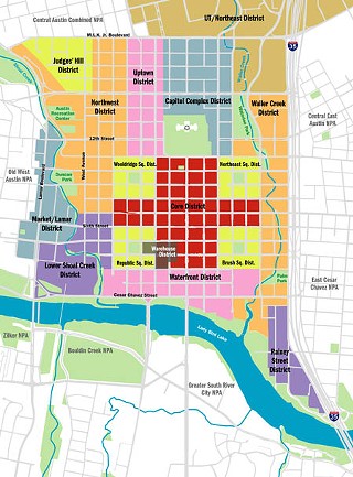 Defining Districts:  A new plan and code tailored by Downtown districts could best respond to each area’s special features. This could protect and enhance a uniquely Austin character, match community values to locales, and build consensus for implementing the overall plan.
<p>Source material provided by ROMA

<p><a href=/media/content/580266/potentialdistricts_4c.pdf target=blank><b>View a larger map</b></a>