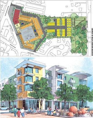 Cypress Mixed-Use Project: VMU design standards require pedestrian-friendly amenities, landscaping, shops and cafes at the ground level, buildings that meet the street, and concealed parking. The overall site plan shows the VMU project (left), new Zocalo townhomes (yellow, center), and a new 2.5-acre pocket park.  Developer: Cypress Real Estate Advisors 