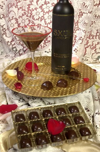 (Clockwise from top right): SXUL Chocolate Dark Chocolate Flavored Vodka, SXUL Chocolate bonbons, and SXUL-Tini