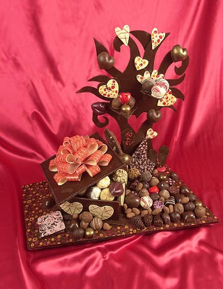 Chocolate showpiece incorporating products from local chocolatiers created by Texas Culinary Academy chef instructors Aimee Olson and Earl Vallery, currently on display at TCA.