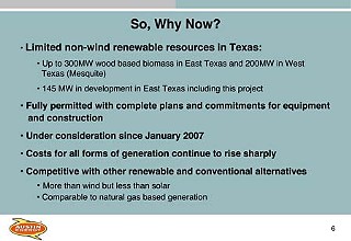 Part of Austin Energy’s PowerPoint presentation at a recent town hall meeting, which did little to sway opponents of the city’s plans to purchase an East Texas biomass plant
