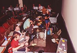 Members of Brown Whörnet and Golden Arm Trio rehearse at the Alamo Drafthouse Theatre for screenings of <i>The Lost World</i>.