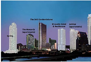 Skyline, revisited:  This 2007 composite image from <i>Austin Fit Magazine</i> showed what Downtown would look like if all the high-rise projects then announced were built. (We ran it in our Oct. 5, 2007, issue.)  For our 2009 status update: Buildings shown in gray are under construction; buildings that are white have been put on hold.