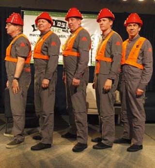 Returning: With their iconic “energy domes” intact, Devo, pictured here at their SXSW interview, answered questions from the audience.