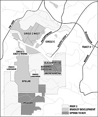Gary Bradley has agreed to sell about a third of his Southwest Austin property to the city: 	the dark-shaded option-to-buy Pfluger and Edwards tracts, and a corner of the Spillar tract.
<p>

The city's acquisition of these properties would allow for some contiguous green space, when combined with the city's existing Prop. 2 properties (light gray).
<p>

The 4.5-acre Tract 3 property, at the intersection of Slaughter and Brodie, would also be deeded to the city as part of the proposed settlement.