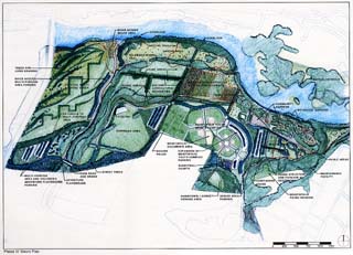 This drawing represents the final phase of Colorado River Park planning; it is a blueprint for what the completed park could look like. Some major improvements include expanded parking, more paths connecting various parts of the park, better erosion controls, and more public gardens. Krieg Fields, which are currently located in the northwest corner of the parkland, are absent from this plan, but it's still unclear whether they will actually be moved. Four different plans for Krieg Fields exist, of which only one involves moving the fields elsewhere. The other plans involve rearranging the fields to increase parking and improve erosion controls.
