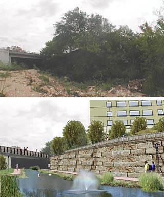 Software developer Vignette Inc. has high hopes for trash-strewn Waller Creek (top). The company has pledged to invest between $5 and $7 million to clean up Waller, which will run alongside its office towers downtown. Besides the cleanup, Vignette says it may build public walkways and bike paths along the neglected creek (bottom).