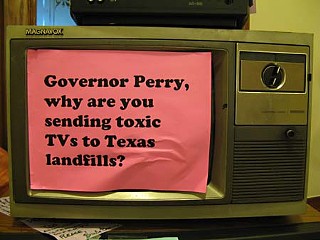 One of several TVs displayed at the Capitol Saturday in protest of Gov. Perry's veto of the TV recycling bill. House Bill 821, the e-waste recycling bill, was one of the victim's of Rick Perry's veto pen.