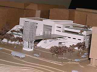 Architectural model of the proposed City Hall from the southeast, showing the concert stage, light tower, and amphitheater seating