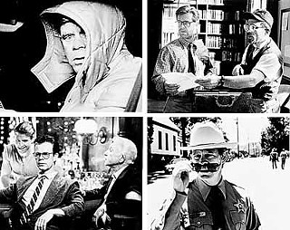 clockwise from top left: Macy as car salesman Jerry Lundegaard in <i>Fargo</i>, John the professor in <i>Oleanna </i>(with David Mamet, right), Sheriff Chappy Dent in <i>Happy, Texas,</i> and Quiz Kid Donnie Smith in <i>Magnolia</i>