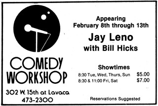 Ad for the Leno/Hicks show as it ran in the <i>Chronicle</i>, Feb. 4, 1983.