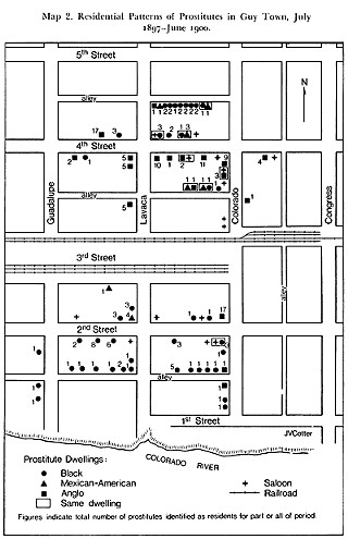 Residential Patterns of Prostitutes in Guy Town
<p>

July 1897-June 1900
<p>

This map shows 187 prostitutes living in this 10-block area.
<p>(Source: David C. Humphrey's Prostitution and Public Policy in Austin, Texas, 1870-1915 in Southwestern Historical Quarterly 86 (April 1983) p.473-516)