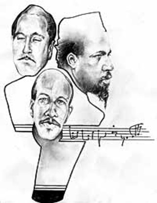 Avant Titans (clockwise): Django Reinhardt, Thelonious Monk, and Ornette Coleman