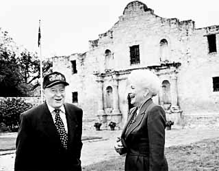Bob Hope and former Governor Ann Richards take a break during the filming of Hope's <i>Four Star Fiesta Christmas</i> <i>From San Antonio</i>, 1993.