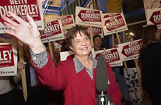 Former Assistant City Manager Betty Dunkerley arrives at the Millennium Complex after locking down over 40% of the vote. Two days later, incumbent Beverly Griffith withdrew, handing Dunkerley victory.