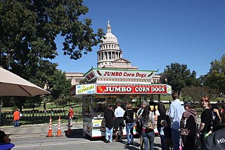 A good book, a jumbo corn dog, and thou. Hungry souls line up at one of many food stations at last weekend's Texas Book Festival, an annual event that draws thousands of book lovers to Austin.