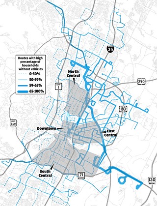 This map shows the approximate percentage of riders coming from carless households on Capital Metro's routes, with the thickest lines representing the highest levels of riders without other transportation. The zones overlaid on the map show Cap Metro's priority areas for upgrading stops with accessibility problems, as well as for installing other amenities. (Data is from 2005 and 2007; some route names, numbers, and alignments have changed since then.)