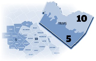 SBOE Districts 5 and 10 cover a wide swath, cutting a jagged line through Travis County.