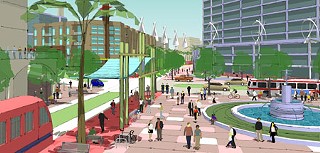 This rendering shows the Pleasant Valley Transit Plaza as a destination site for residents and visitors.