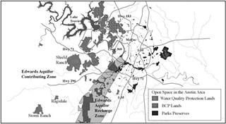 Swearingen includes this map of Austin's open spaces in the book because he considers them the physical outcome of the environmental movement.