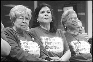 Hispanic citizens drove from Brownsville to speak at the hearings. The group was wearing T-shirts that read His-story, Her-story, Our-story and spoke in favor of greater repesentation of the accomplishments and history of Hispanic Americans in social studies textbooks.