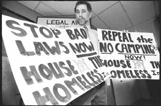Advocate for the homeless Richard Troxell, shown in 1997 protesting the original camping ban ordinance
