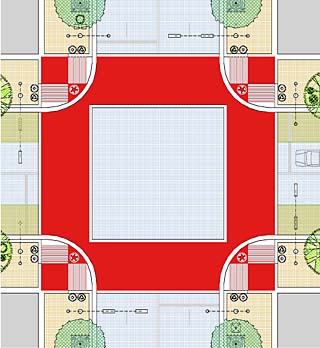 The Great Streets Master Plan specifies both the types and placement (here for a mixed-mode street) of paving, trees and tree grates, street lights and traffic signals, and other street furniture -- down to the fire hydrants and trash cans.
<br>
Illustration courtesy of Black & Vernooy + Kinney Associates