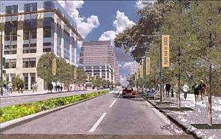 The Great Streets Master Plan envisions Cesar Chavez as a grand boulevard that enables and celebrates the connection between downtown and Town Lake. But converting Cesar Chavez to a two-way Great Street would cause unacceptable delay for downtown traffic, according to the city's computer models.<br>
Illustration courtesy of Black & Vernooy + Kinney Associates