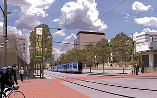 The Great Streets Master Plan vision of Fourth Street -- the city's official east-west light-rail corridor -- includes separate lanes for cars, bikes, and maybe trains. However, the latest city proposals make Fourth the route of the Lance Armstrong Bikeway, and autos, if they're allowed on Fourth at all, would share the center lanes with rail.
<br>
Illustration courtesy of Black & Vernooy + Kinney Associates
