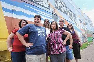 Slackerwood film reviewers: (l-r) Elizabeth Stoddard, Jette Kernion, Don Clinchy, Debbie "Snax" Cerda,
Chip Rosenthal, and Jenn Brown