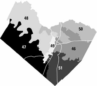 Travis County House Districts:
<br>

The GOP feels it has an edge in House Dists. 47, 48, & 50; Barrientos'  Sen. District 14 (below) has lost key South Austin Democratic votes.