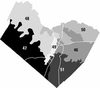 Travis County House Districts:
<br>
The GOP feels it has an edge in House Dists. 47, 48, & 50; Barrientos' Sen. District 14 (below) has lost key South Austin Democratic votes.
