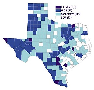<b>Without Climate Change</b>
This map shows the anticipated risk of water shortages using
traditional water-supply modeling. The predictions are based on “business-as-usual” assumptions about growth, energy and water consumption, agriculture, and so forth. Under that traditional scenario, Travis County rates high for risk of shortages.