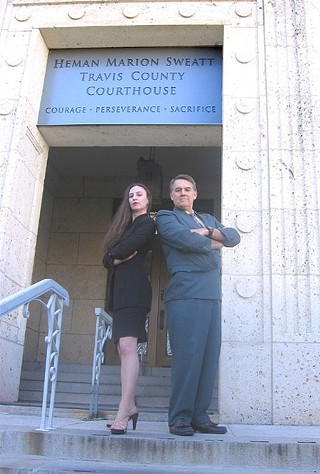 Deborah Stevens with radio co-host Randall Kelton at the Travis County courthouse