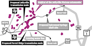 The city says it's trying to protect the Jollyville Plateau salamander, which lives right along the proposed trajectory for Water Treatment Plant No. 4's transmission lines, seen here; SOS believes the city's efforts are doing more harm than good. The salamander's habitat is represented above by the small, irregularly clustered regions of pink.