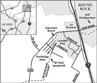 Northridge Acres straddles the Travis/Williamson county line and sits within Austin's ETJ, though it's right next to the Round Rock city limits. La Frontera, Limestone Ranch, and Corridor Park all have Round Rock water service.