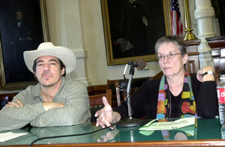 Old friends Dagoberto Gilb and Annie Proulx complemented each other extremely well during their Heartsongs & Gritos panel in the Senate Chamber on Saturday. The day before, Gilb indicated that he would make an issue of the Southwest Texas State Dept. of English Personnel Committee's recommendation that he be denied early tenure and professorship, but aside from a mention of it earlier Saturday, he was tight-lipped.