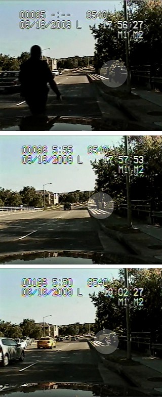 Three still shots taken from Austin Police Officer Steven Willis' patrol-car camera show the officer approaching Esther Valdez and Ceci Bermudez as they walk along the sidewalk (top) on Metric Boulevard, then talking with Bermudez (middle) before wrestling Valdez to the ground (bottom).